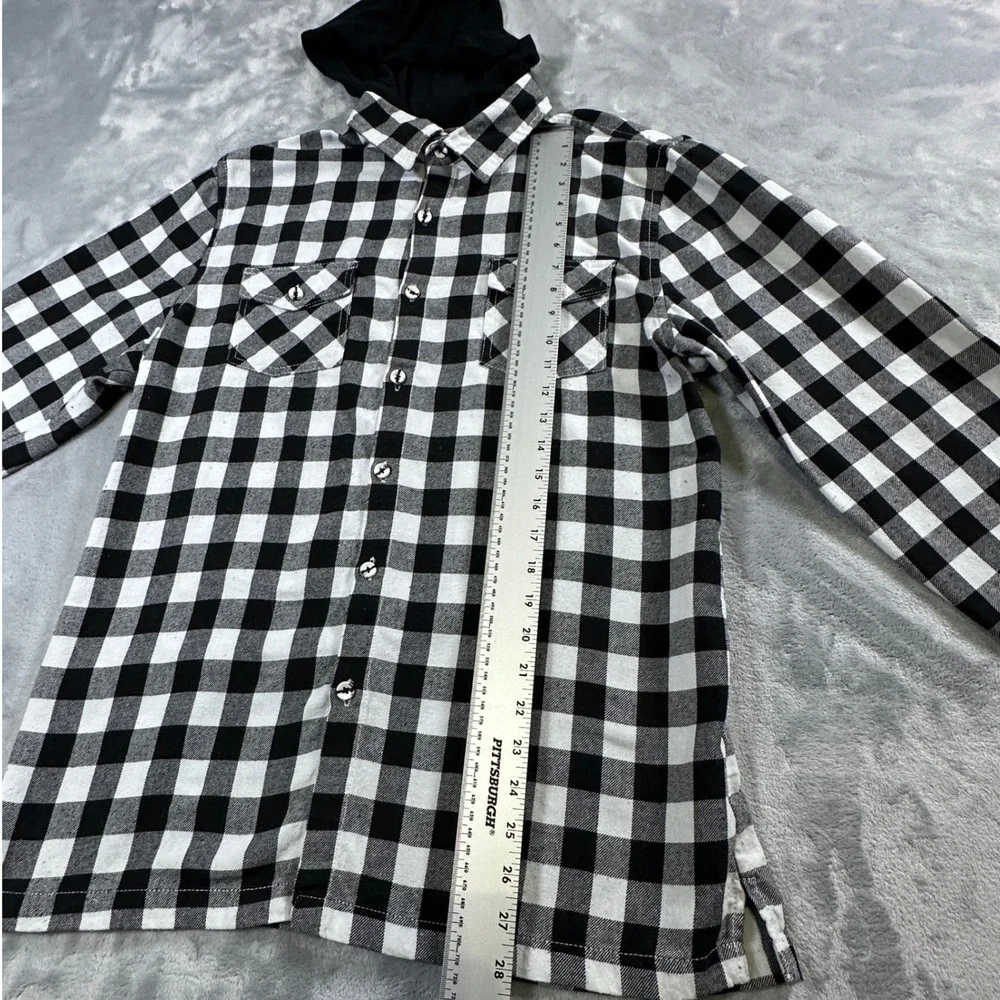 MONUMENT Mens Flannel Shirt Hooded Buffalo Plaid Black/White Lg‎ Cozy Streetwear